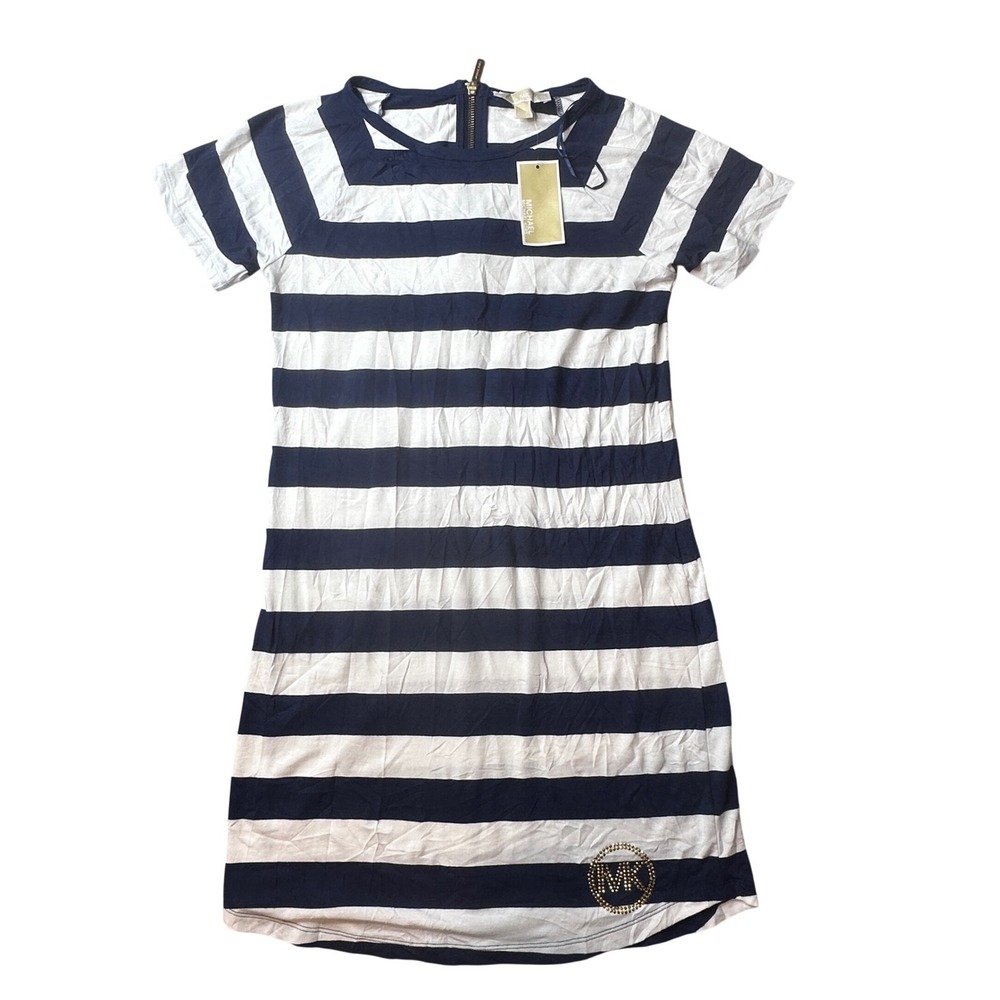 Michael Kors Dress Womens XS Navy Blue Striped T-Shirt Mini Zipper Rhinestone